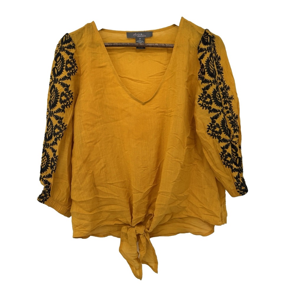 Olivia & Martin Top M Oversized‎ Yellow V Neck Blouse Embroidered Tie Front Boho